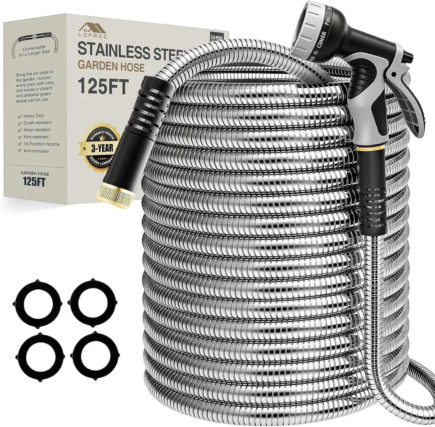 New Arrivals 150ft Stainless Steel Garden Hose, No-Kink Leak-Proof Crush Resistant, 10-Function Nozzle for Lawn Care - Image 7