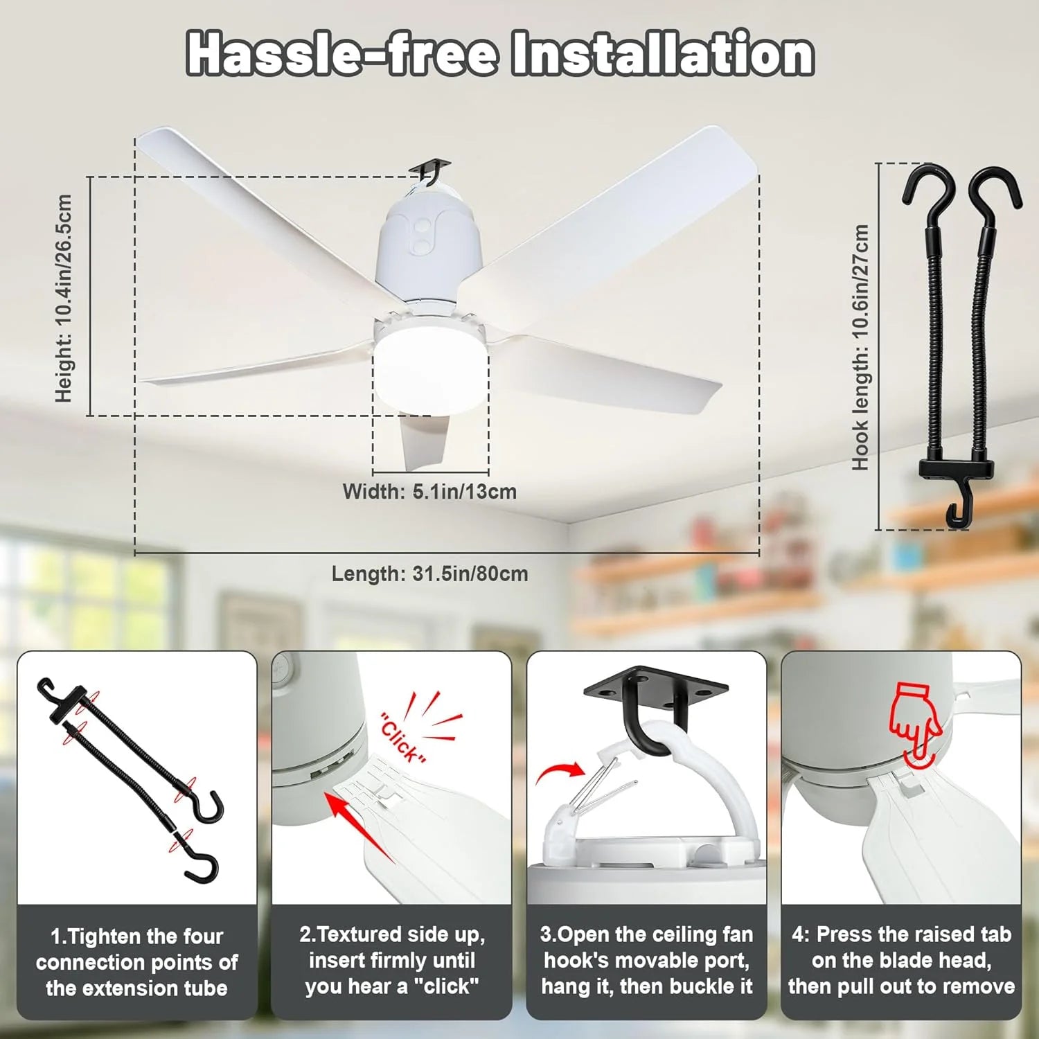 New Arrivals Outdoor Ceiling Fan Light 31.5" 40000mAh Large Portable Ceiling Fan With Remote and Hanging Hook, 4 Wind Speeds - Image 6