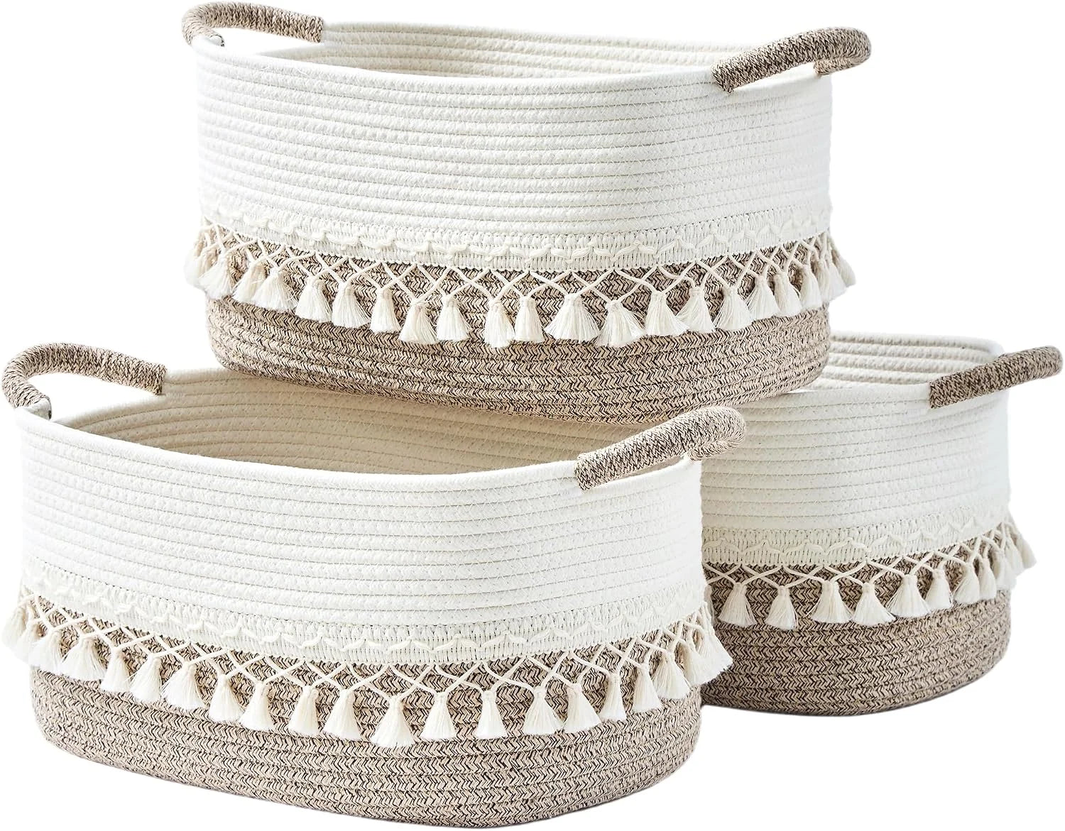 Basket, Woven Baskets for Shelves, White/Brown, 3 Pack Boho Cotton Rope Storage Baskets - Image 10