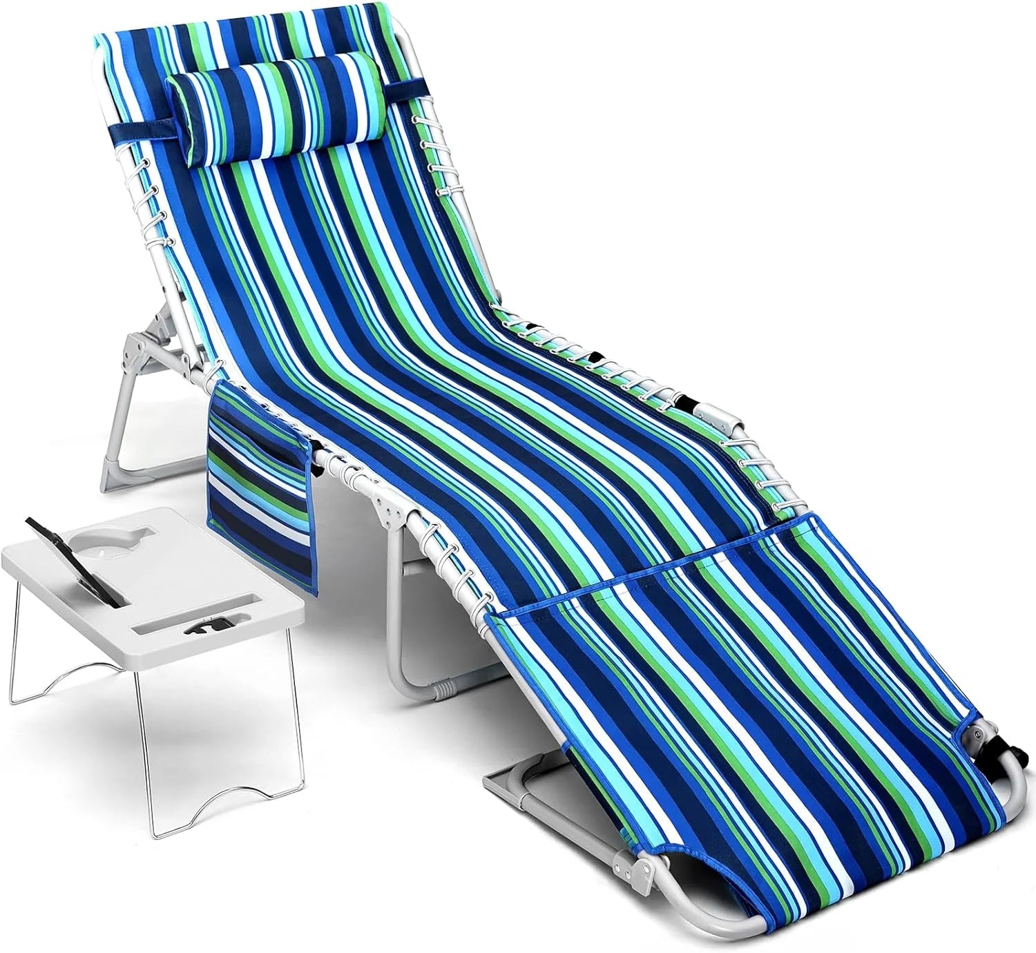 New Arrivals Beach Chair Face Holes, Lounge Chair Outdoor with Folding Side Table, 5-Position Recliner, Max 330lbs
