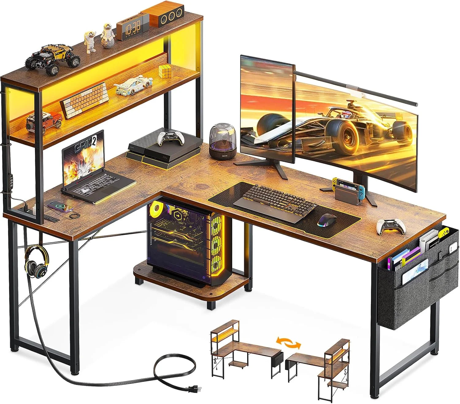 New Arrivals L Shaped Desk Gaming Desk with LED Light & Power Outlet, 53 Inch Black Reversible L Shaped Computer Table - Image 8