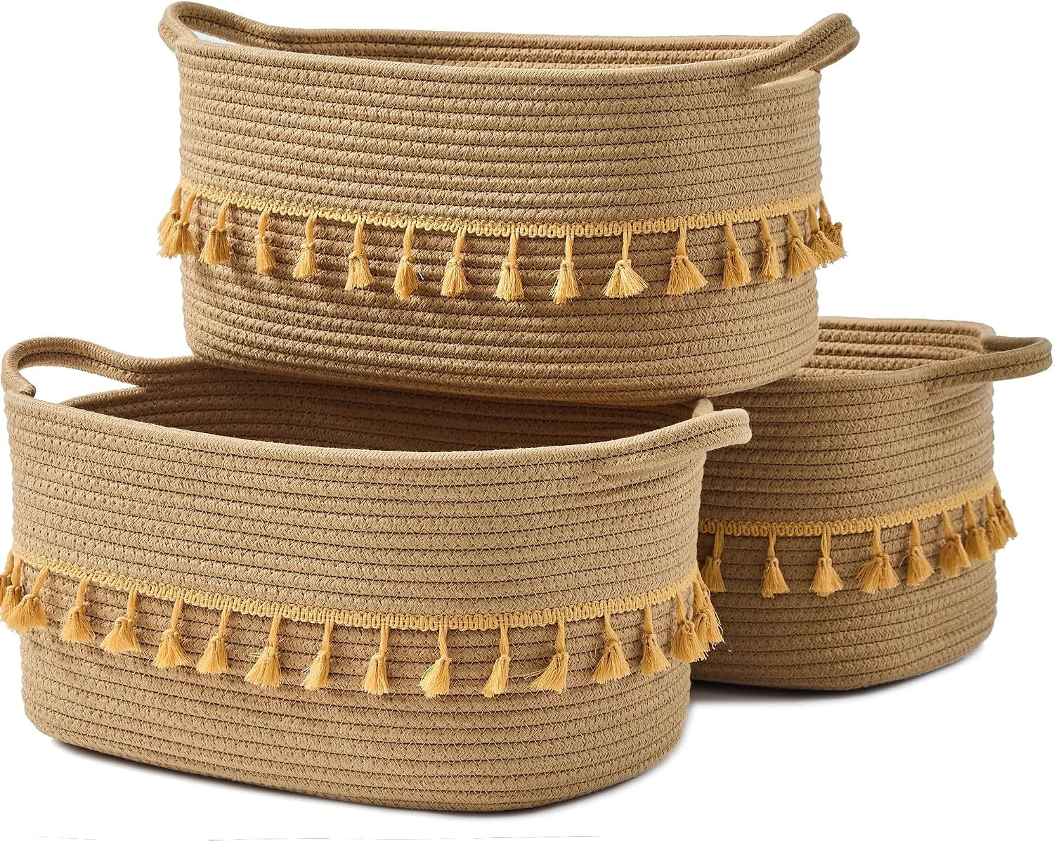 Basket, Woven Baskets for Shelves, White/Brown, 3 Pack Boho Cotton Rope Storage Baskets - Image 5