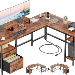 Alternative view of Furologee 66" L Shaped Desk with Power Outlet, Reversible Home Office Desk with File Drawer, 2 Monitor Stands bifanuoyard