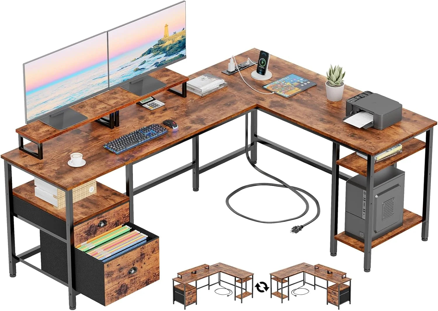 Furologee 66" L Shaped Desk with Power Outlet, Reversible Home Office Desk with File Drawer, 2 Monitor Stands bifanuoyard - Image 2