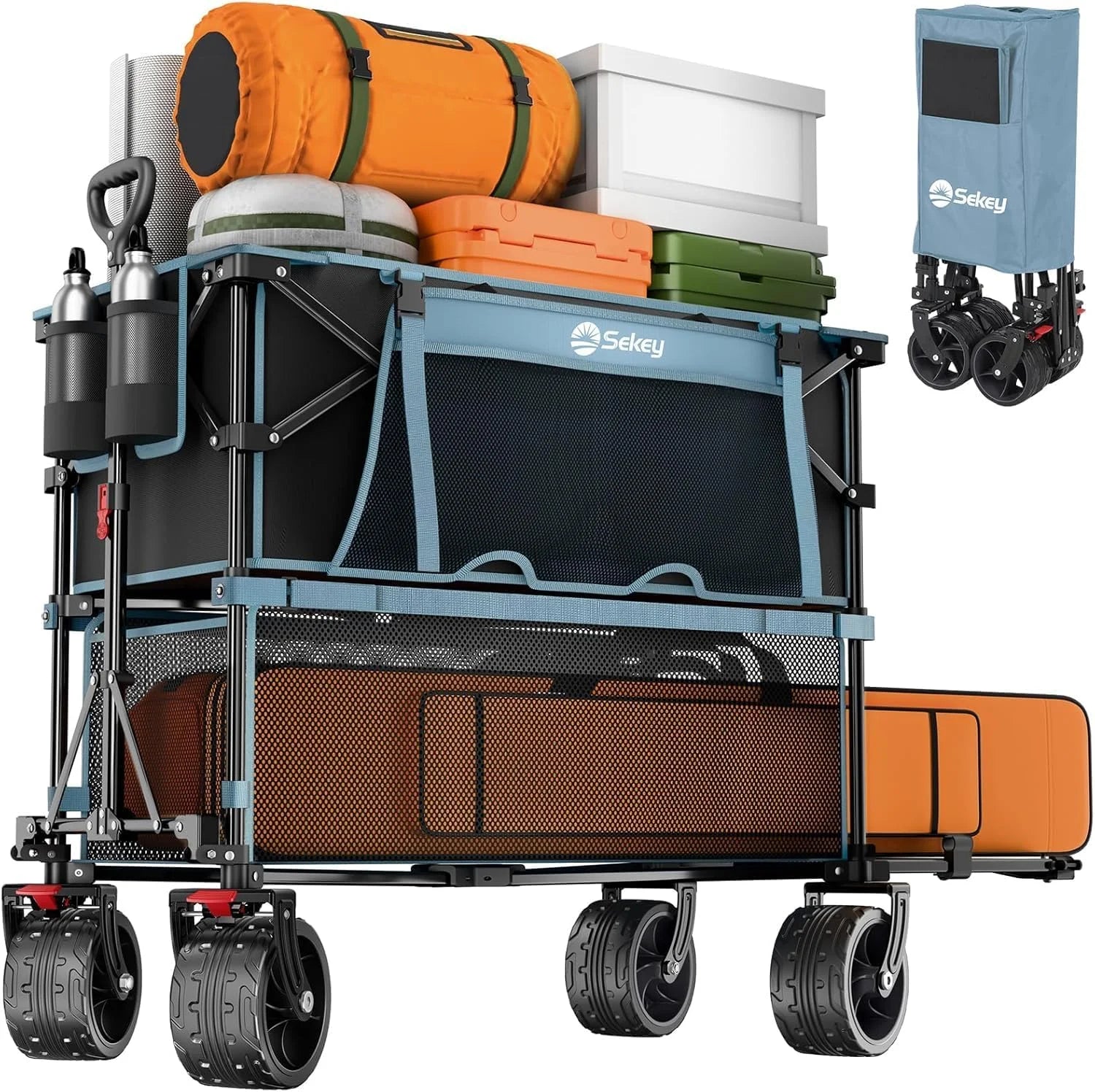 Sekey Double Decker Wagon, 500LBS Heavy Duty Collapsible Utility Cart with 400L Capacity & Extended Lower Shelf - Image 6