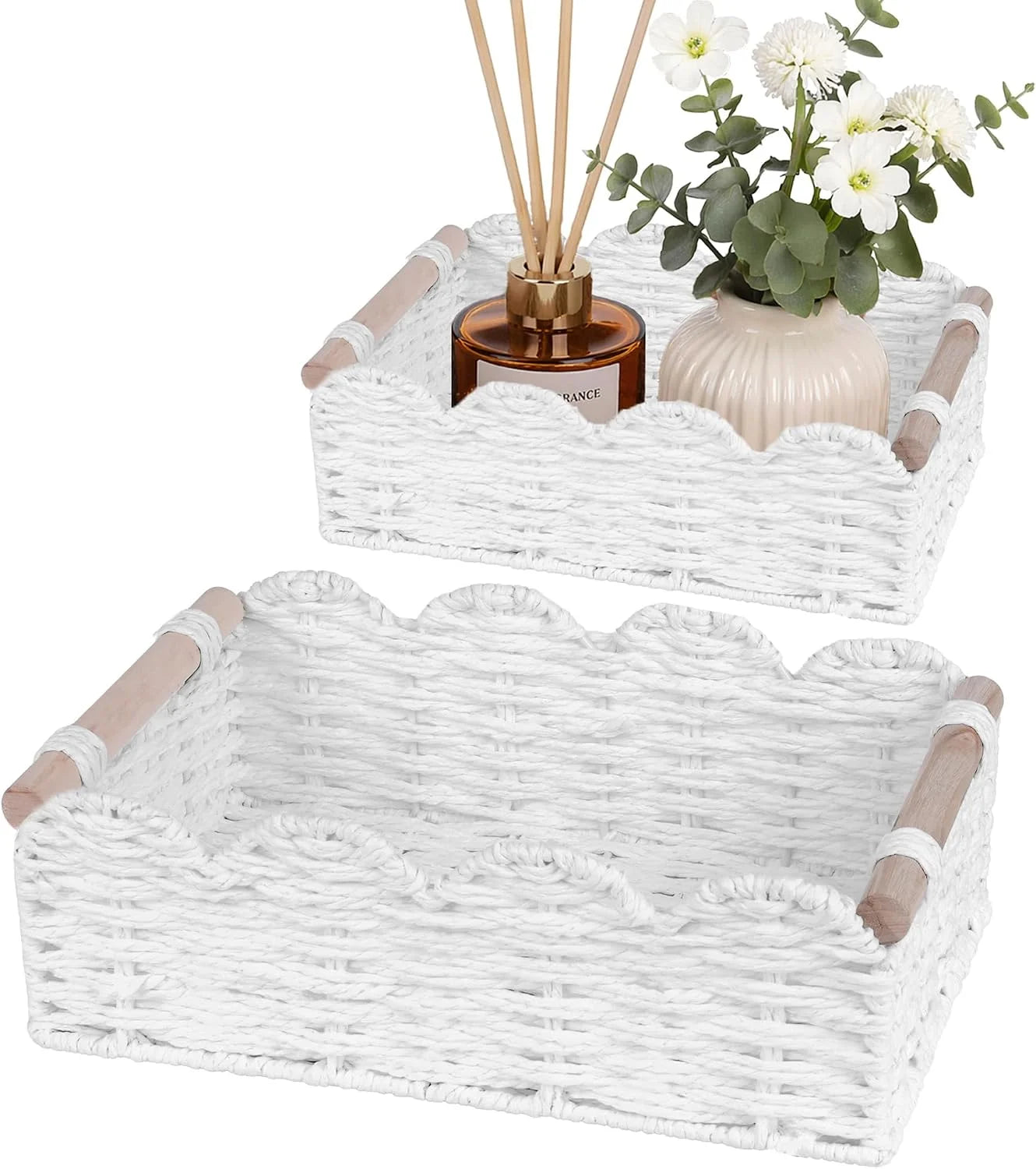 New Arrivals Storage Organizing Baskets, Set of 2 Scalloped Edge Wicker Basket with Wooden Handles Toilet Paper - Image 4