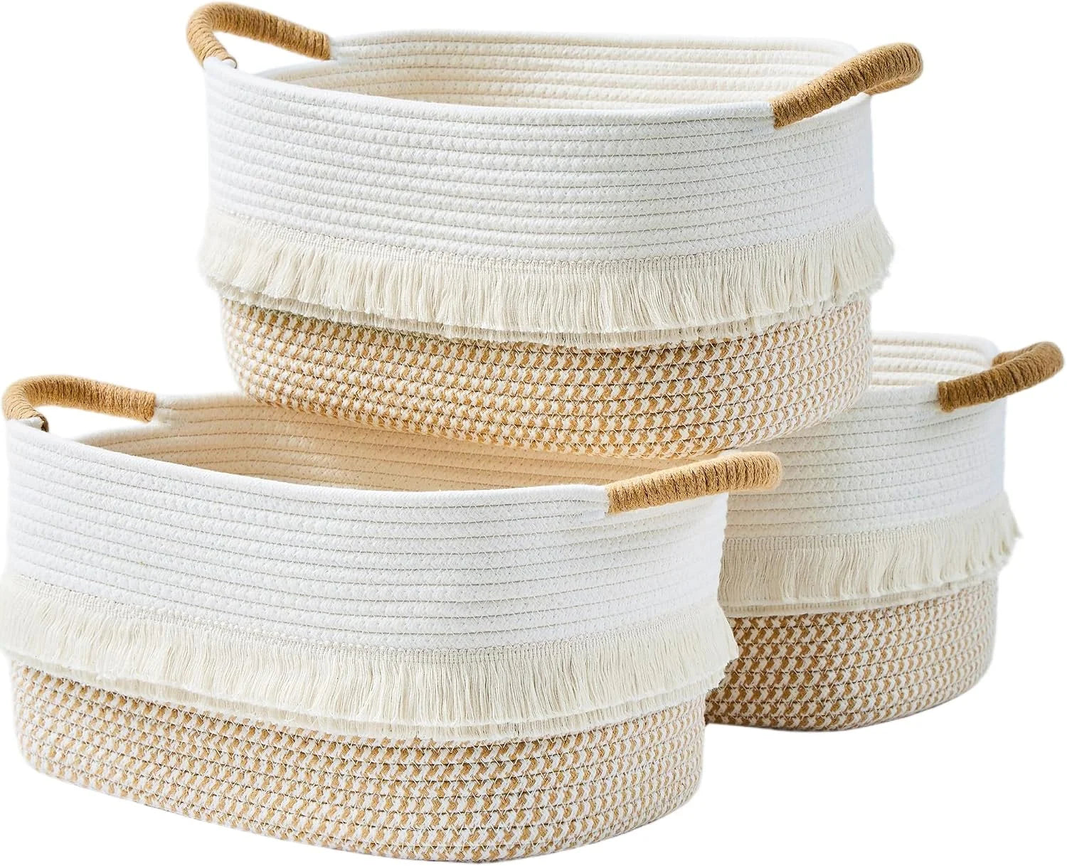 Basket, Woven Baskets for Shelves, White/Brown, 3 Pack Boho Cotton Rope Storage Baskets - Image 9