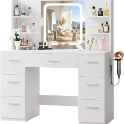 New Arrivals 43 Large White Makeup Vanity Desk with Charging Station, Smart LED Mirror, 7 Drawers, 4 Shelves