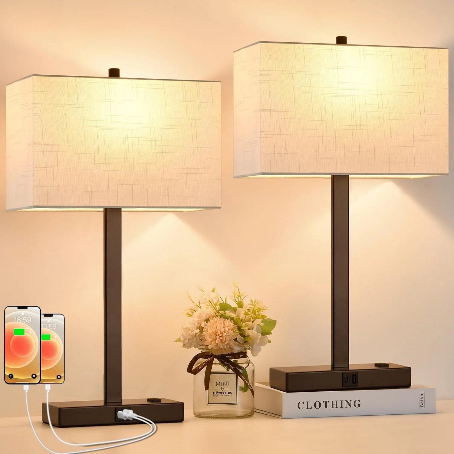 Touch Bedside lamps with 2 USB & AC Outlets, Dimmable, Bulb Included - Image 15