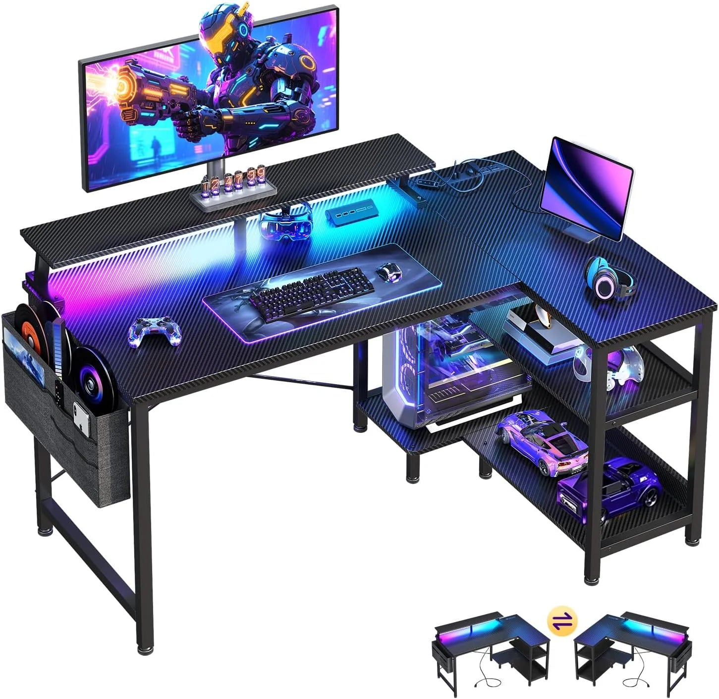 New Arrivals 48 Inch Gaming Desk with USB Charging Ports and LED Lights, Reversible L Shaped Computer Desk with Storage Shelves - Image 4
