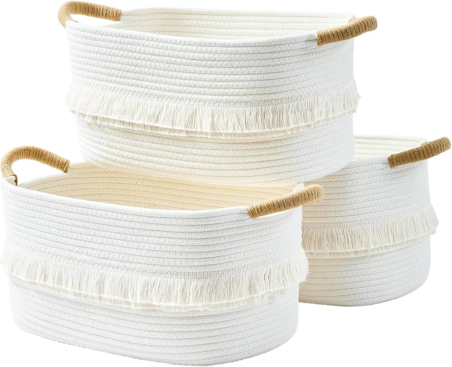 Basket, Woven Baskets for Shelves, White/Brown, 3 Pack Boho Cotton Rope Storage Baskets - Image 8