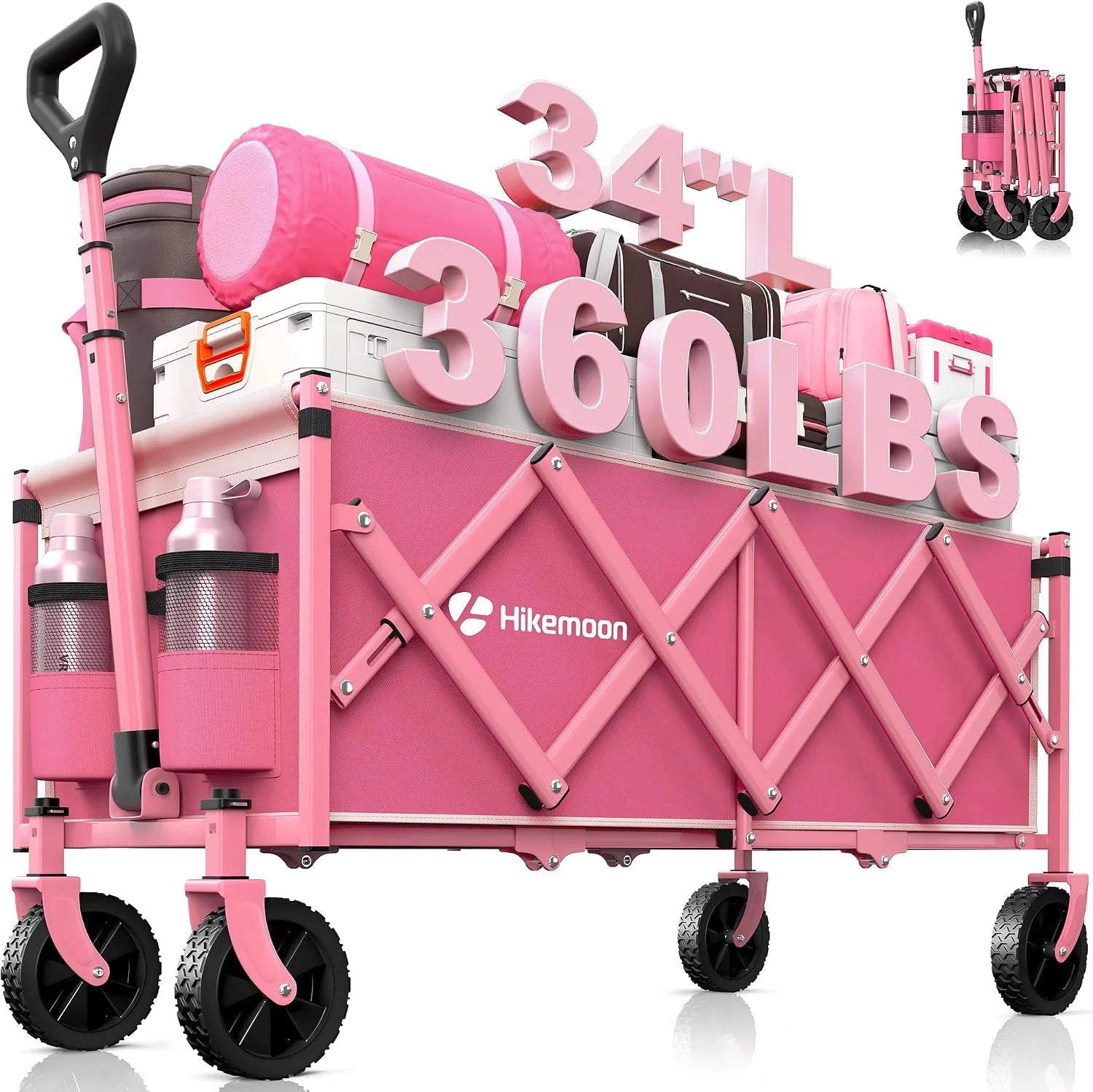New Arrivals 34” Extra Long Folding Portable Wagon Cart, 120L 360LBS Black, Heavy Duty - Image 4