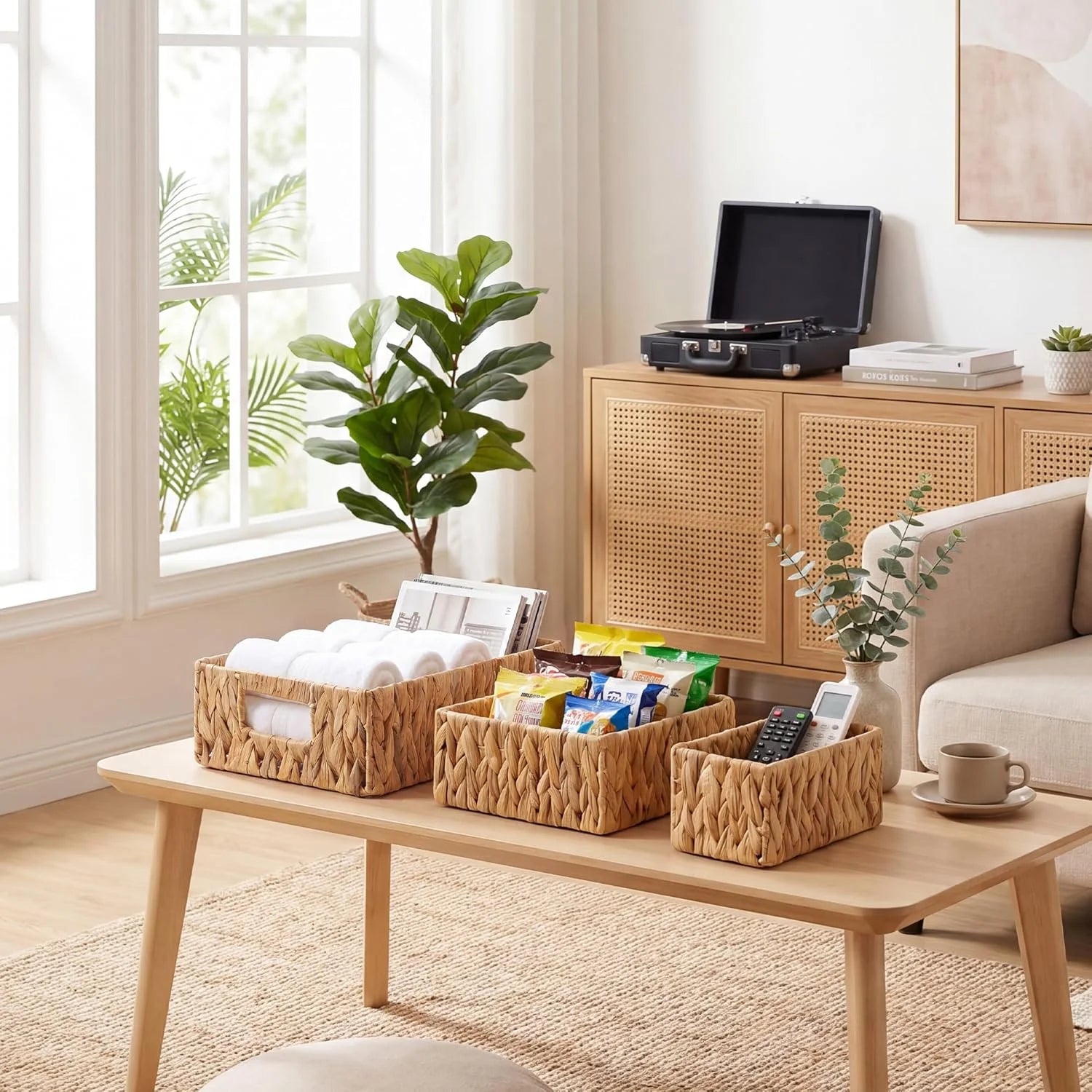 New Arrivals Pantry Baskets for Shelves 3 Pack, Rectangular Wicker Basket with Handles, Natural Water Hyacinth - Image 2
