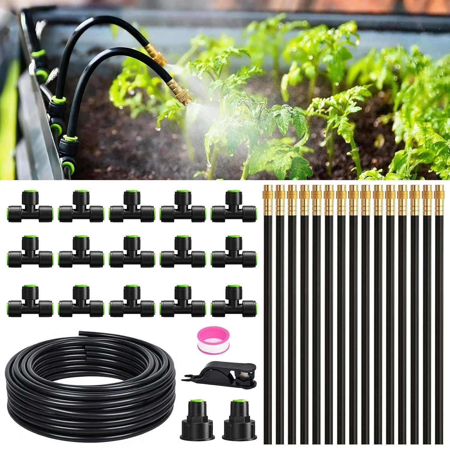 New Arrivals 50FT Drip Irrigation System, Garden Watering Kit with 15pcs 360°Adjustable Copper Nozzles