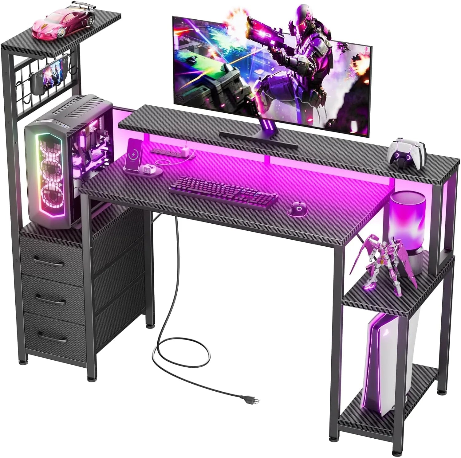 New Arrivals 48 Inch Gaming Desk with LED Lights & Power Outlets, Computer Desk with Fabric Drawers & Side Hook - Image 2