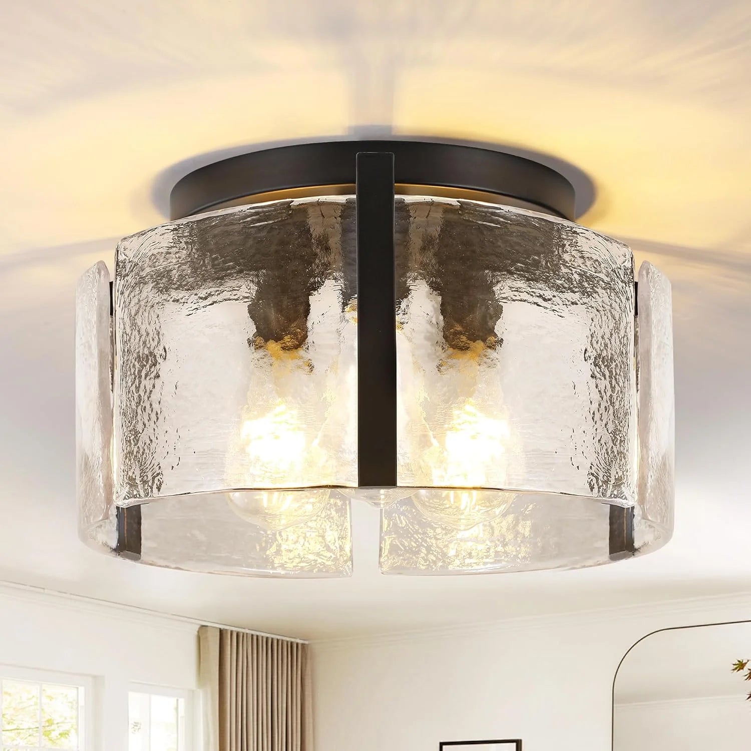 Modern Gold Semi Flush Mount Ceiling Light, Dimmable, 3-Light Farmhouse Glass Drum Light Fixture - Image 2