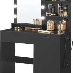 Alternative view of VASAGLE KAILYN Collection, Vanity Desk with Mirror and 9 LED Bulbs, Dressing Table with 9 Drawers bifanuoyard