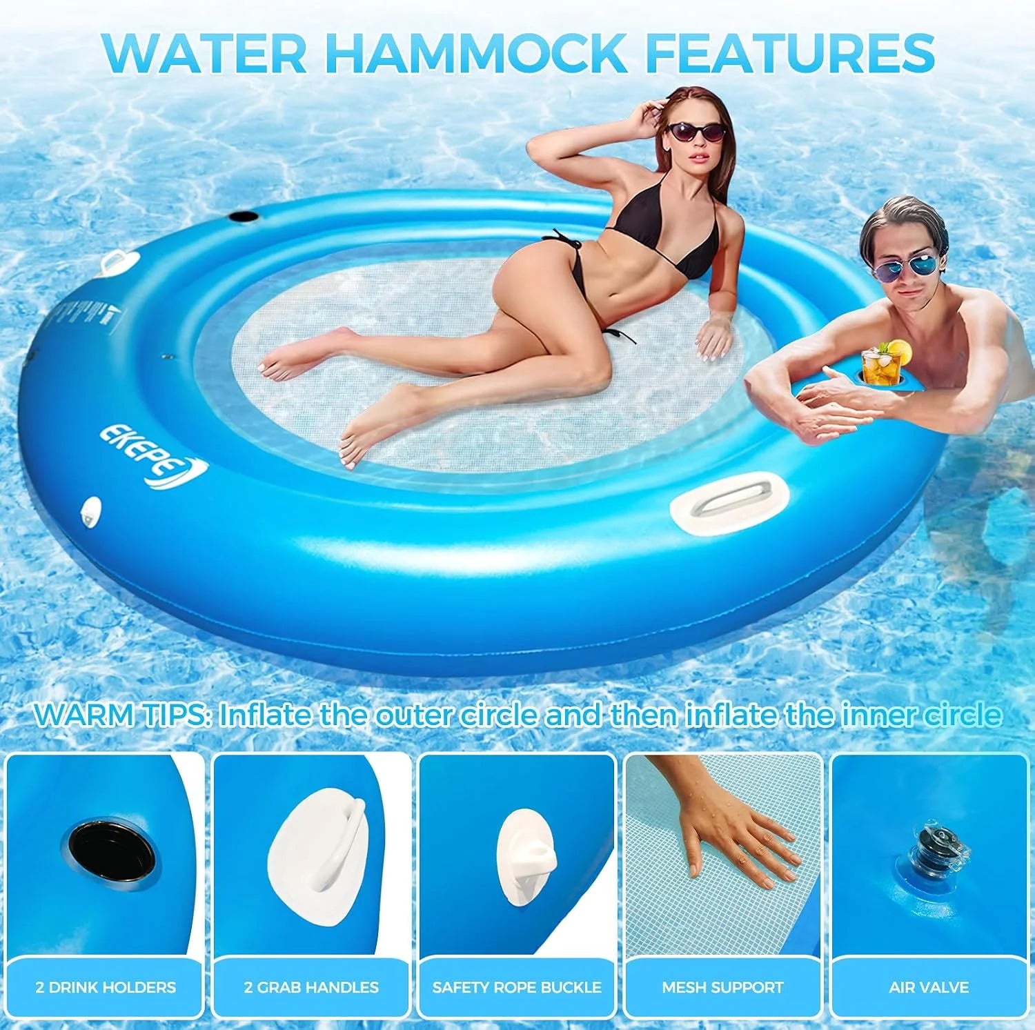 Round Inflatable Water Hammock, 7ft Heavy Duty Tanning Pool Lounger Sunchill Float Ring - Image 3