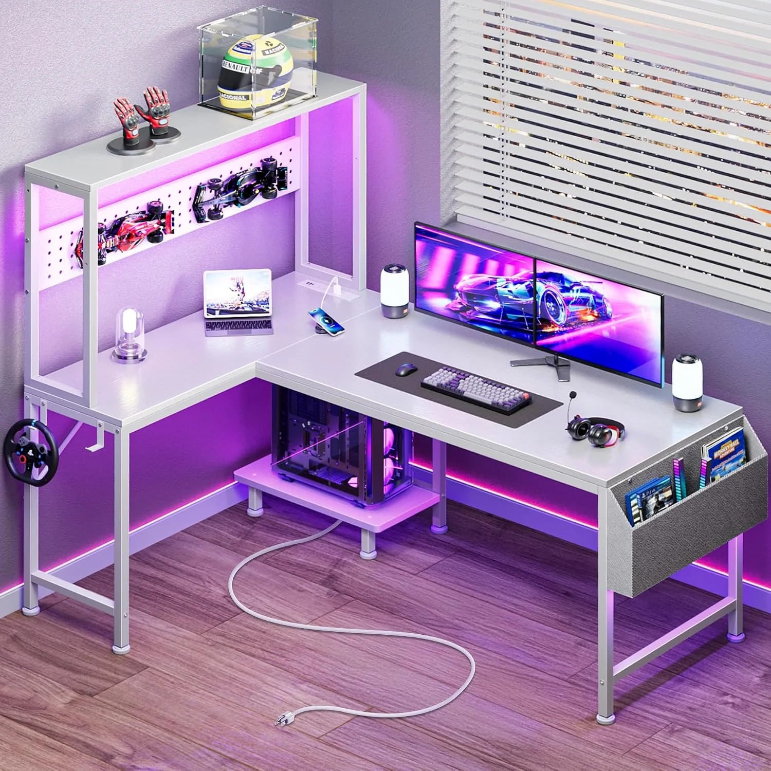 New Arrivals L Shaped Gaming Desk with LED Lights & Power Outlets, Reversible Computer Desk with Storage Shelves & Bag - Image 9