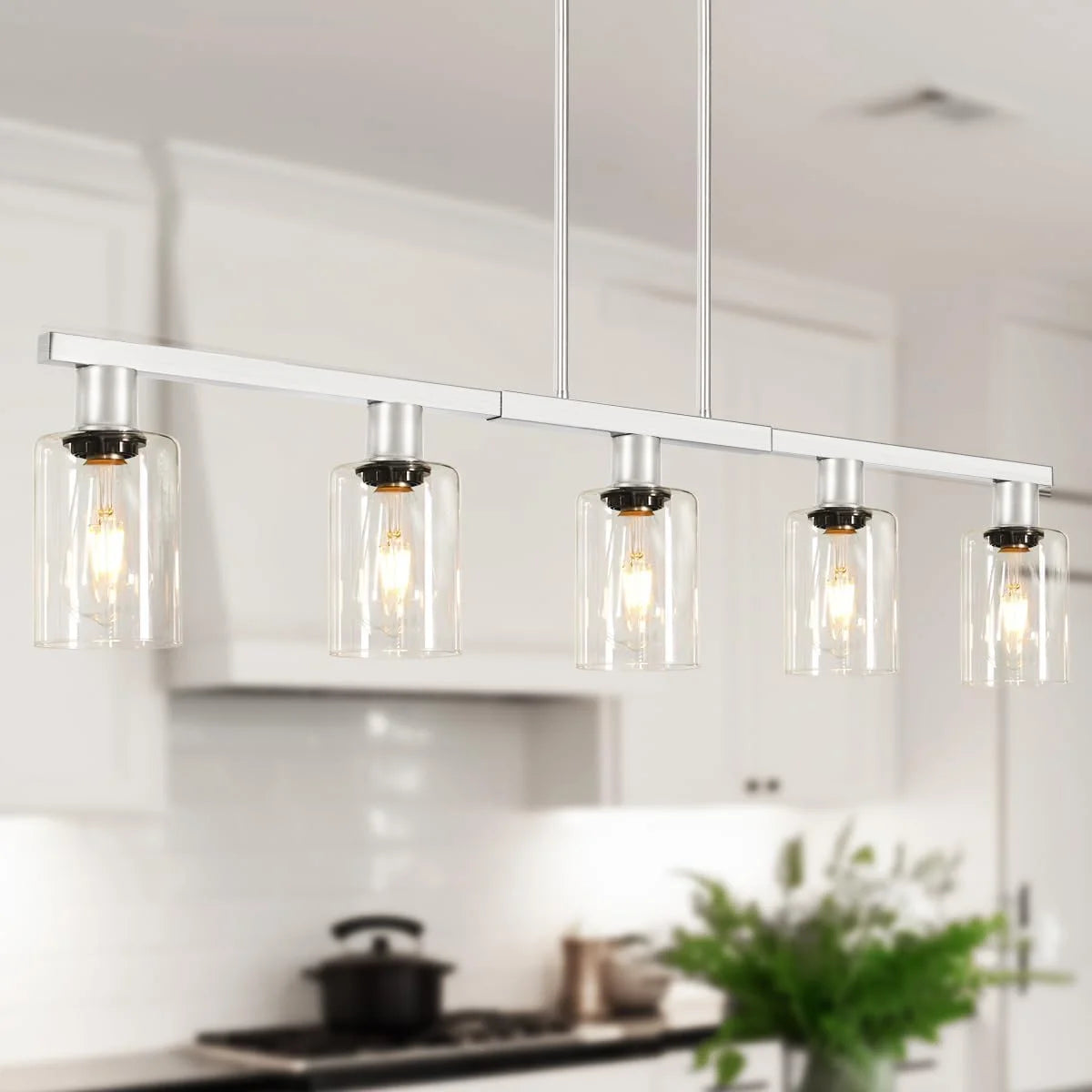 New Arrivals Kitchen Island Lighting, Farmhouse Chandelier with Adjustable Height & Clear Glass Shades - Image 2