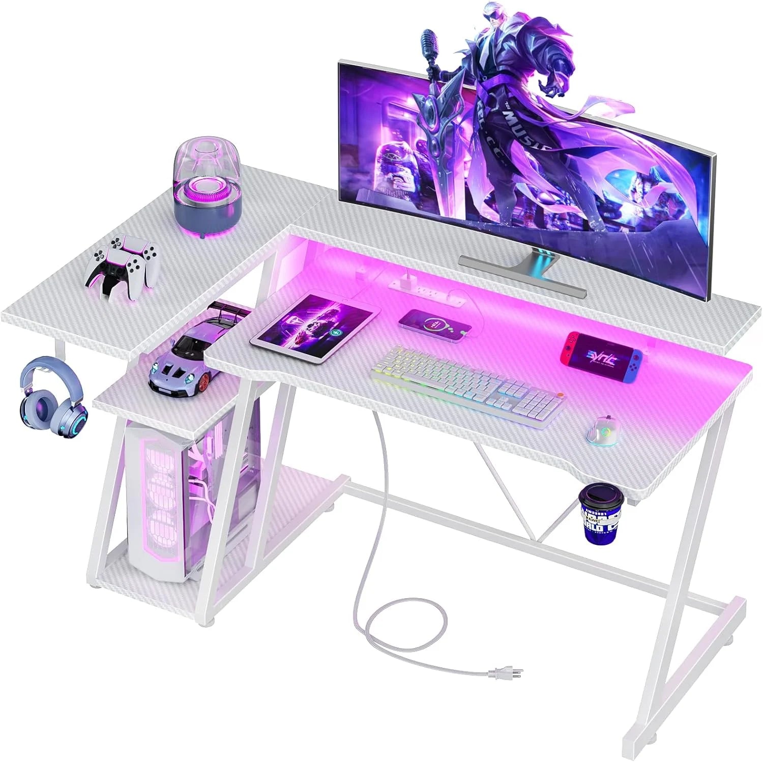 New Arrivals 40 Inch Gaming Desk with Power Outlet & LED Lights, L Shaped Computer Gaming Table with 3 Tiers Storage Shelves - Image 6