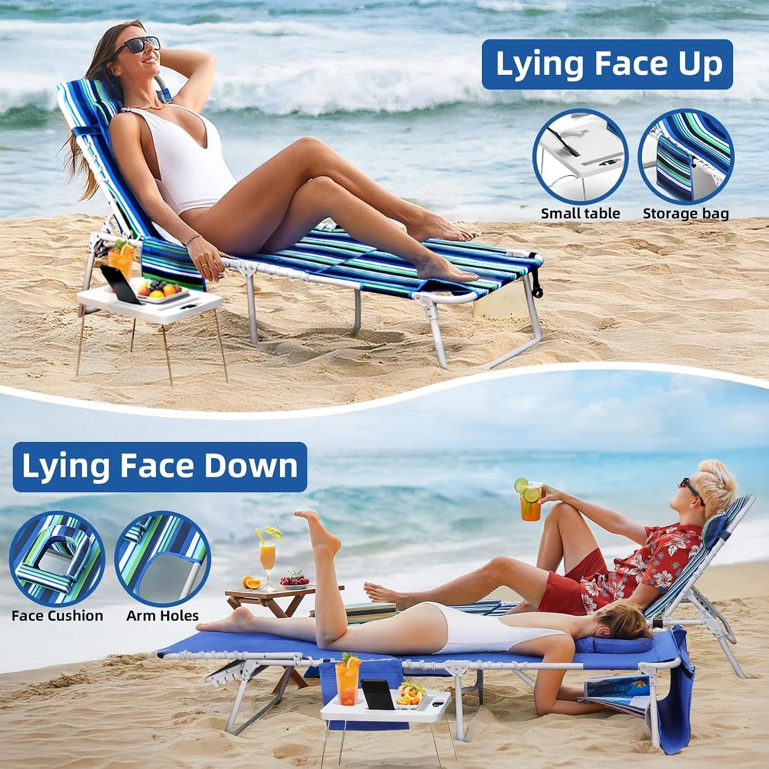 New Arrivals Beach Chair Face Holes, Lounge Chair Outdoor with Folding Side Table, 5-Position Recliner, Max 330lbs - Image 4