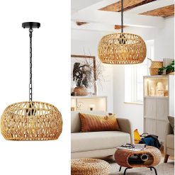 Alternative view of Jump 5-Lights Boho Rattan Chandelier for Dining Room, 19 Farmhouse Chandelier Light Fixtures with Fabric Shade