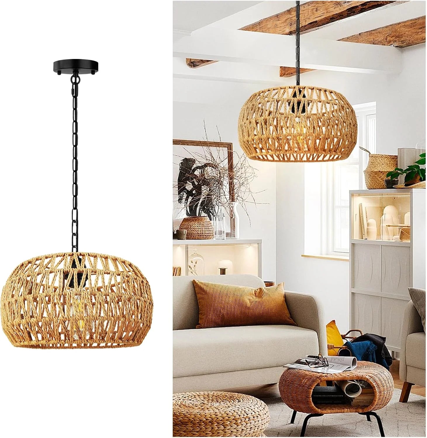 Jump 5-Lights Boho Rattan Chandelier for Dining Room, 19 Farmhouse Chandelier Light Fixtures with Fabric Shade - Image 2