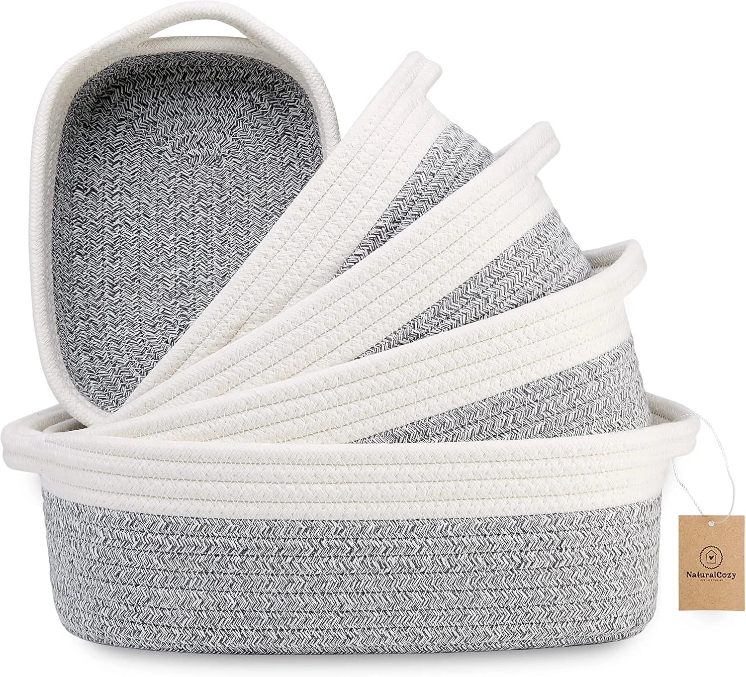 New Arrivals 5-Piece Rectangle Storage Basket Set- Natural Cotton Rope Woven for Organizing! Small Basket