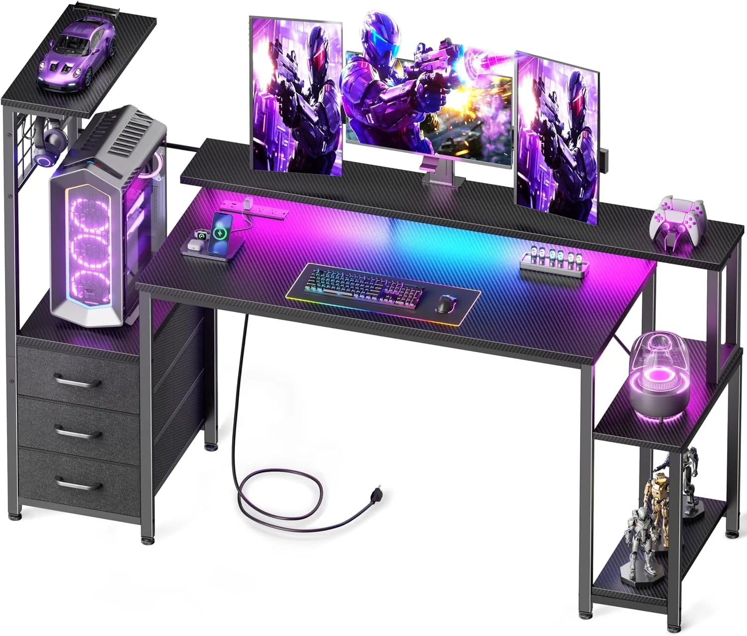 New Arrivals 48 Inch Gaming Desk with LED Lights & Power Outlets, Computer Desk with Fabric Drawers & Side Hook