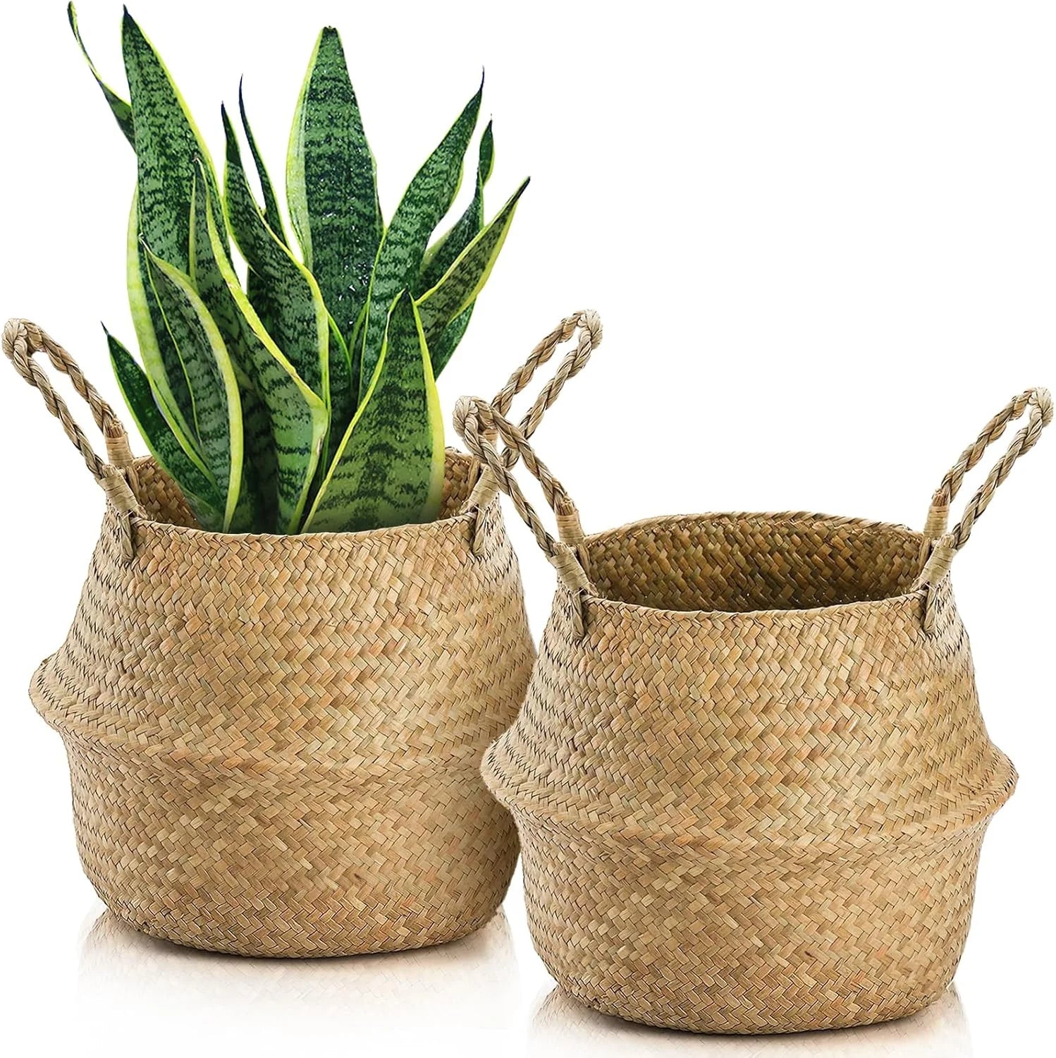 Woven Seagrass Plant Basket with Handles, Ideal Wicker Baskets Storage Plant Pot Baskets for Laundry