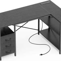 New Arrivals L Shaped Office Desk with Power Outlets, 47 Inch Computer Desk with 3 Drawers