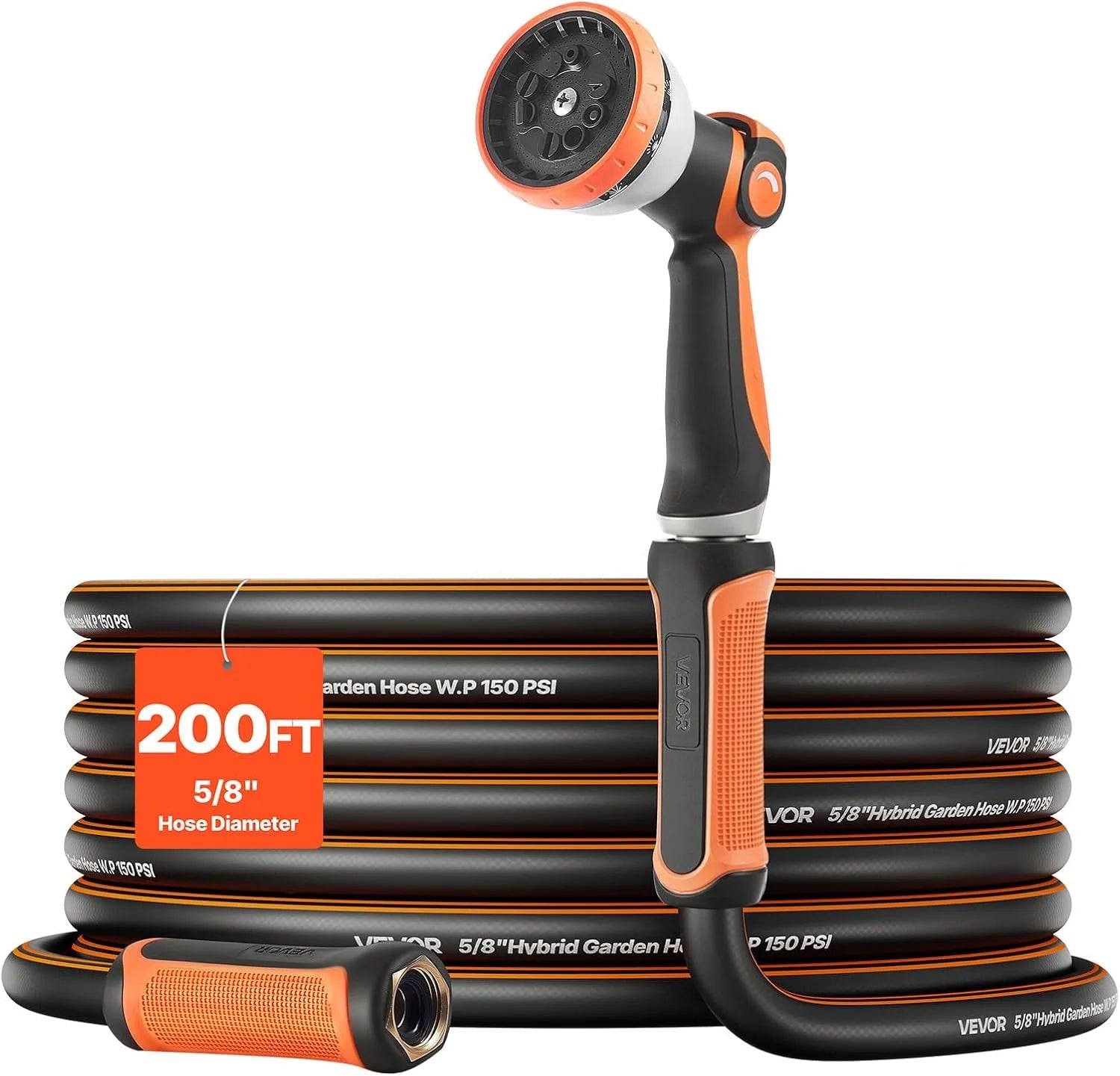 VEVOR Garden Hose, 200 ft 5/8 Heavy Duty Rubber Water Hose with 10 Mode Nozzle, 150PSI Working & 600PSI Burst bifanuoyard