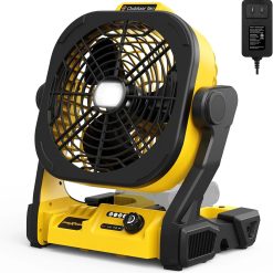 Battery Operated Fan for Dewalt 20V Max battery, Portable Fan with AC Adapter & LED Lights, 4 Speeds & Hook