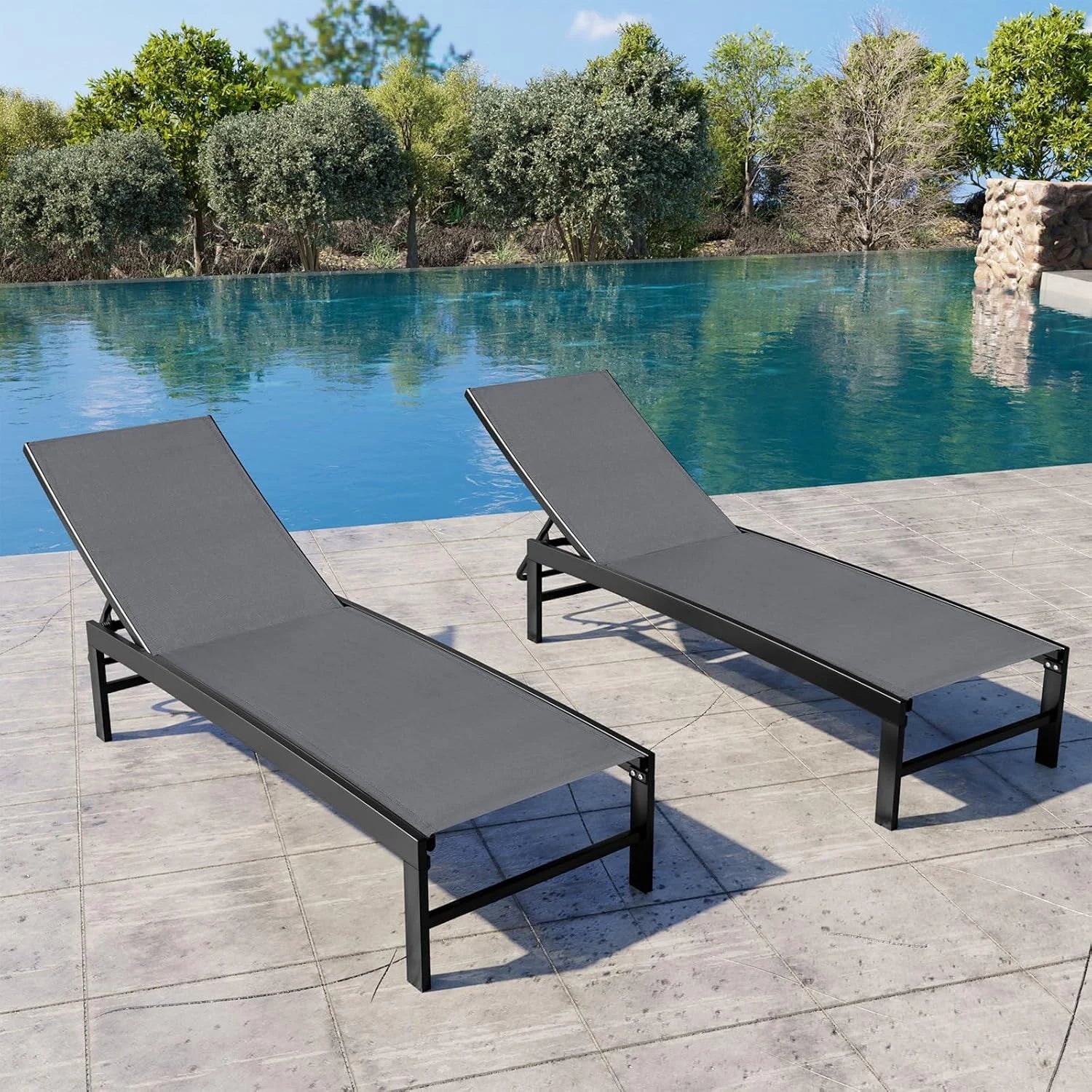 New Arrivals Products Lounge Chair Outdoor Set of 2, Metal Pool Chaise Lounge Chairs, Adjustable Five-Position Tanning