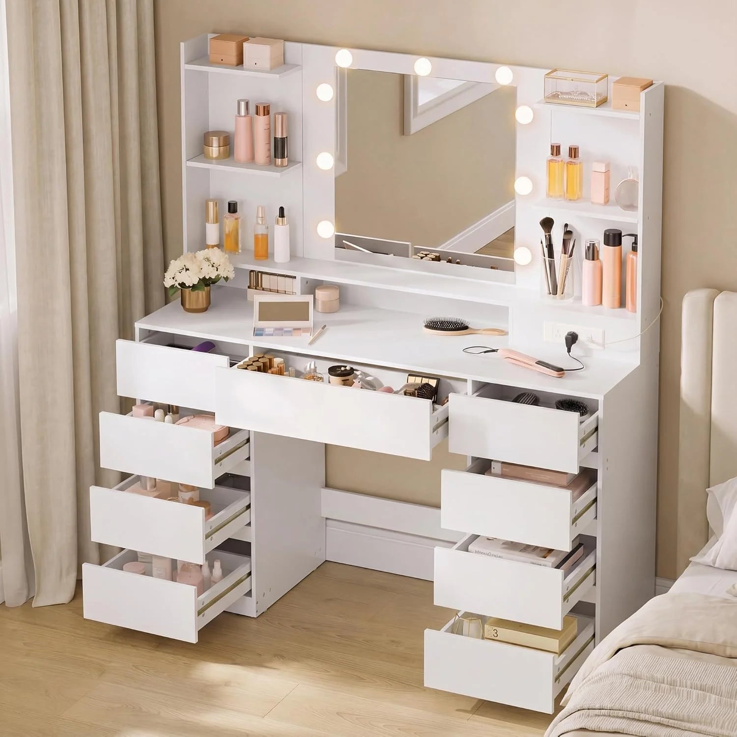 VASAGLE KAILYN Collection, Vanity Desk with Mirror and 9 LED Bulbs, Dressing Table with 9 Drawers bifanuoyard - Image 9