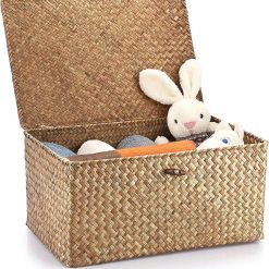 Shelf Baskets Bin with Lid Large Handwoven Basket Box, Coffee, Natural Seagrass Storage Baskets