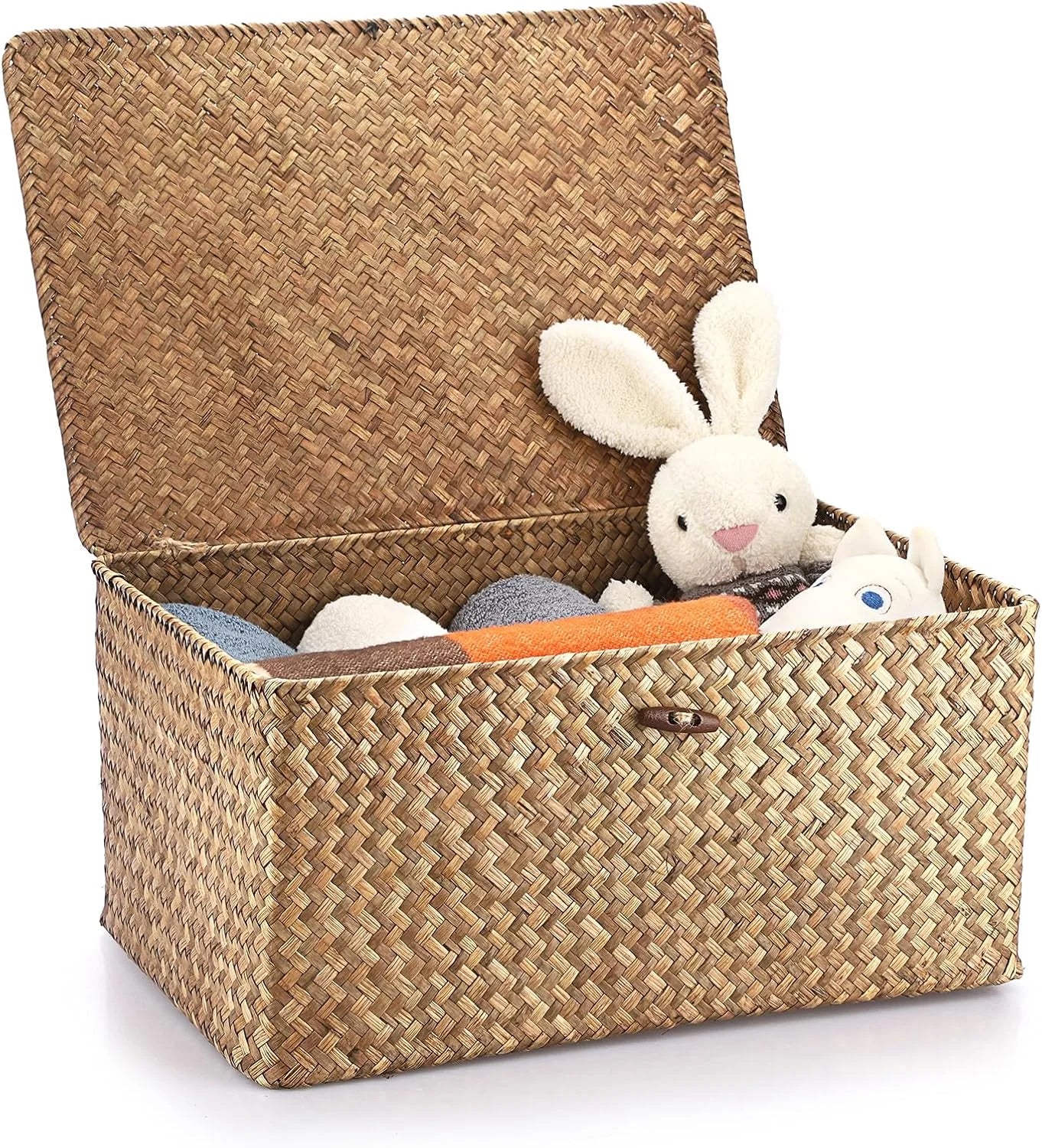 Shelf Baskets Bin with Lid Large Handwoven Basket Box, Coffee, Natural Seagrass Storage Baskets