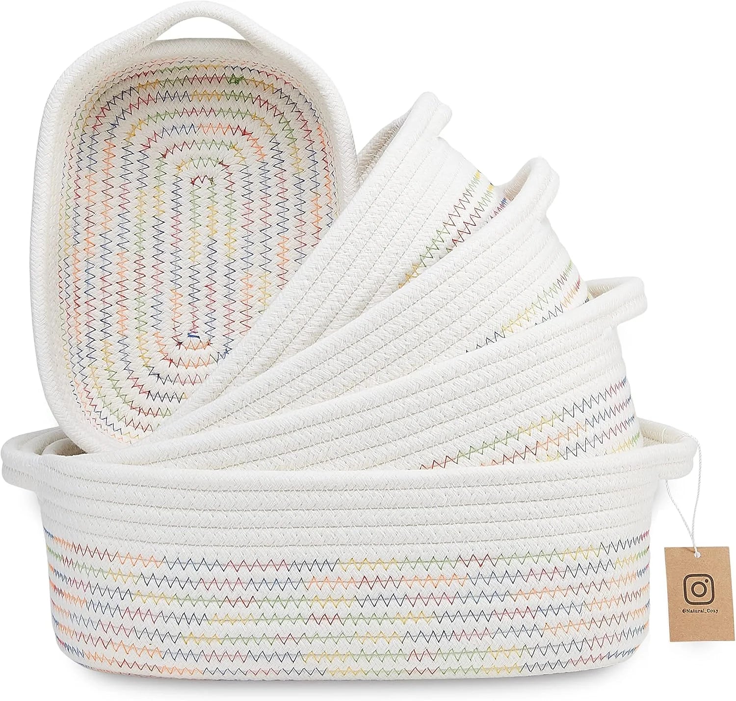 New Arrivals 5-Piece Rectangle Storage Basket Set- Natural Cotton Rope Woven for Organizing! Small Basket - Image 3