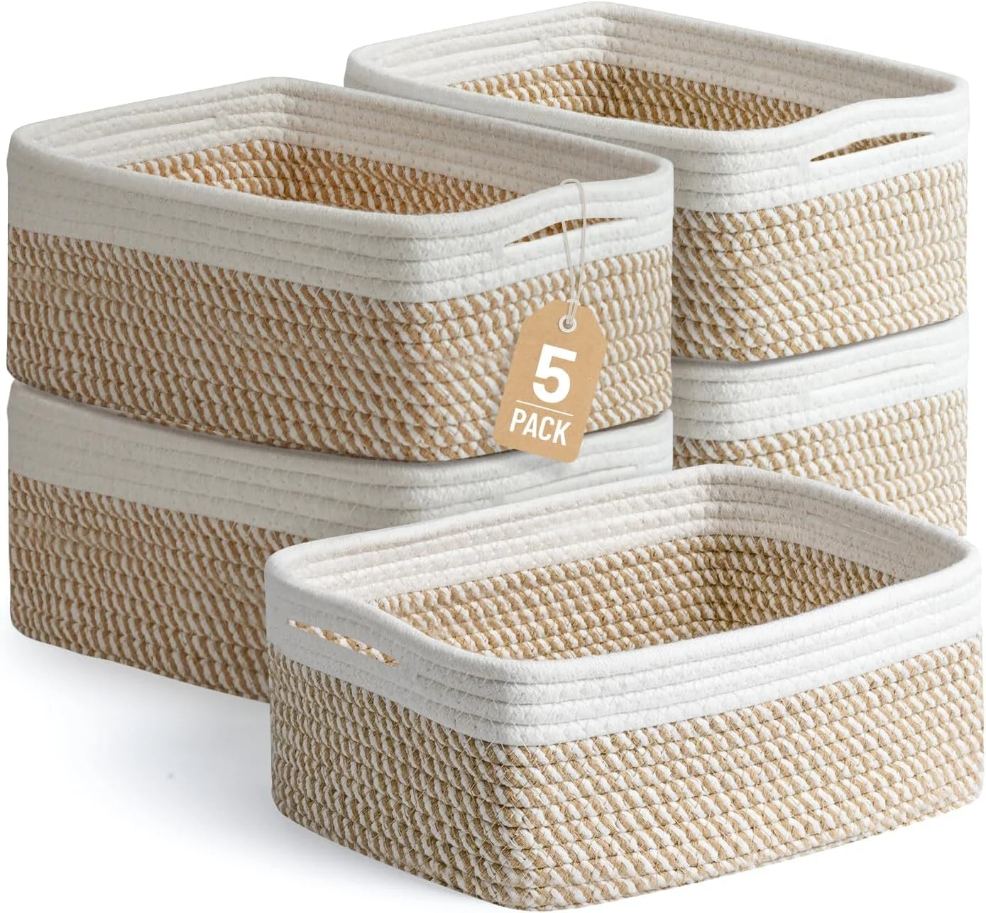 5 Pack Small Woven Storage Baskets for Shelves, Gift Baskets Empty, 11.8×7.9×4.7, Decorative Cotton Rope Baskets bifanuoyard