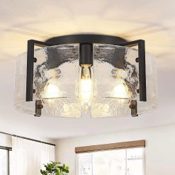 Modern Gold Semi Flush Mount Ceiling Light, Dimmable, 3-Light Farmhouse Glass Drum Light Fixture