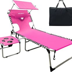 New Arrivals Outdoor Tanning Chair with Sun Canopy Shade & Face Hole, Folding Lounge Chair with Beach Table and Carry Bag