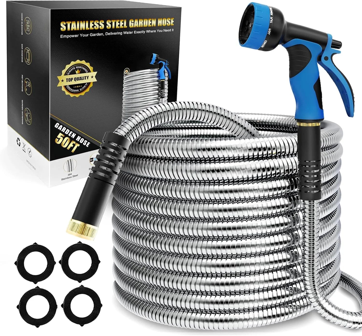 New Arrivals 150ft Stainless Steel Garden Hose, No-Kink Leak-Proof Crush Resistant, 10-Function Nozzle for Lawn Care - Image 5