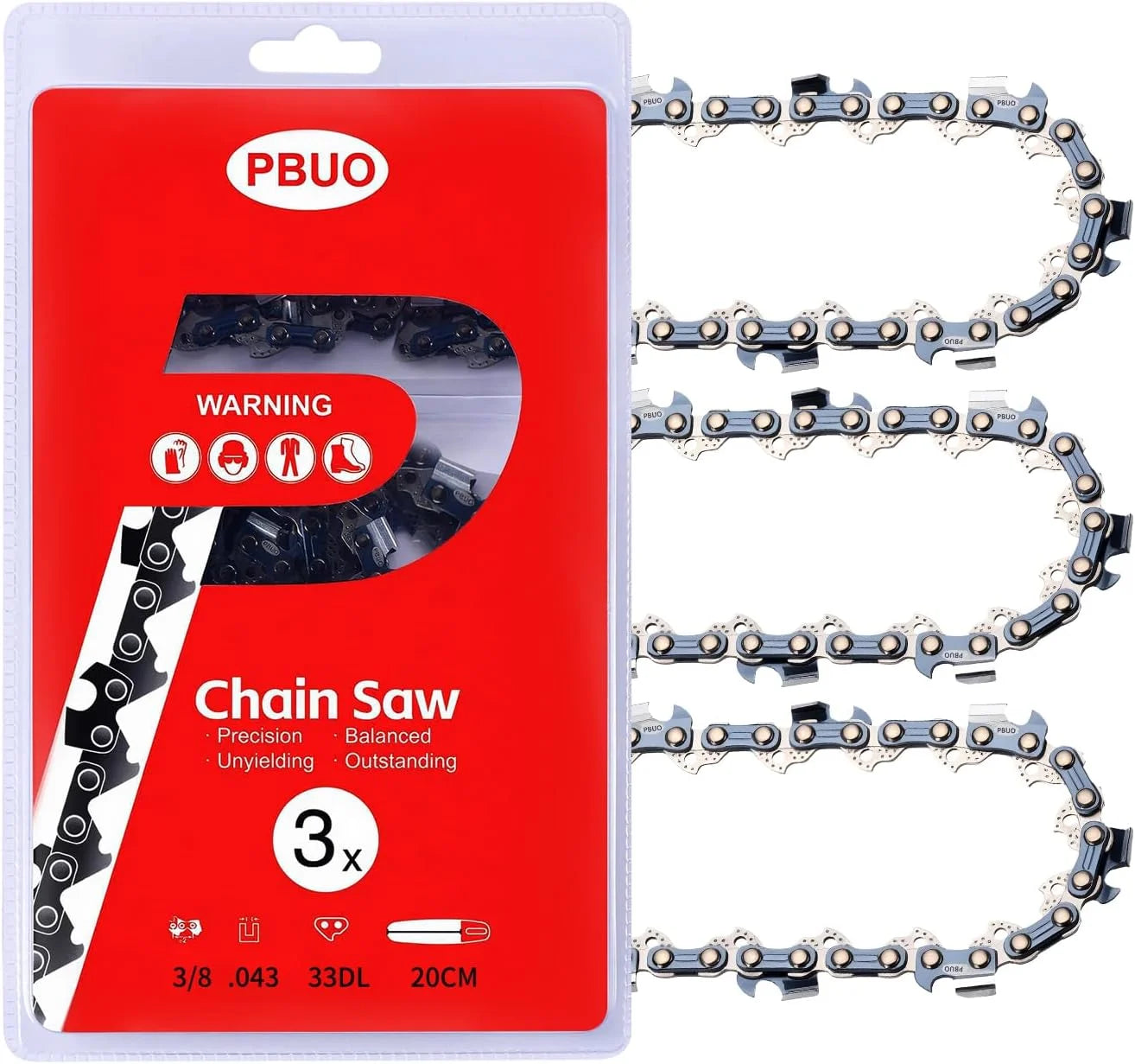 PBUO 16 Inch Chainsaw Chain Replacement, 3/8 LP Pitch .050 Gauge 56 Drive Links, Fits Poulan 400E, Semi-Chisel Low-Kickback Design, 3 Pack - Image 3