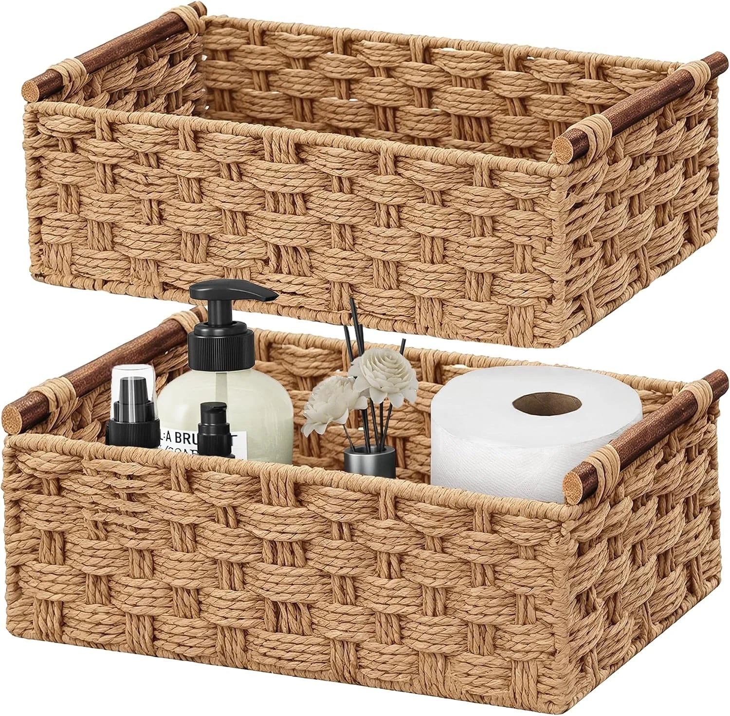 New Arrivals Storage Basket, Set of 2 Hand-Woven Paper Rope Wicker Basket for Organizing with Handle Decorative Storage - Image 5