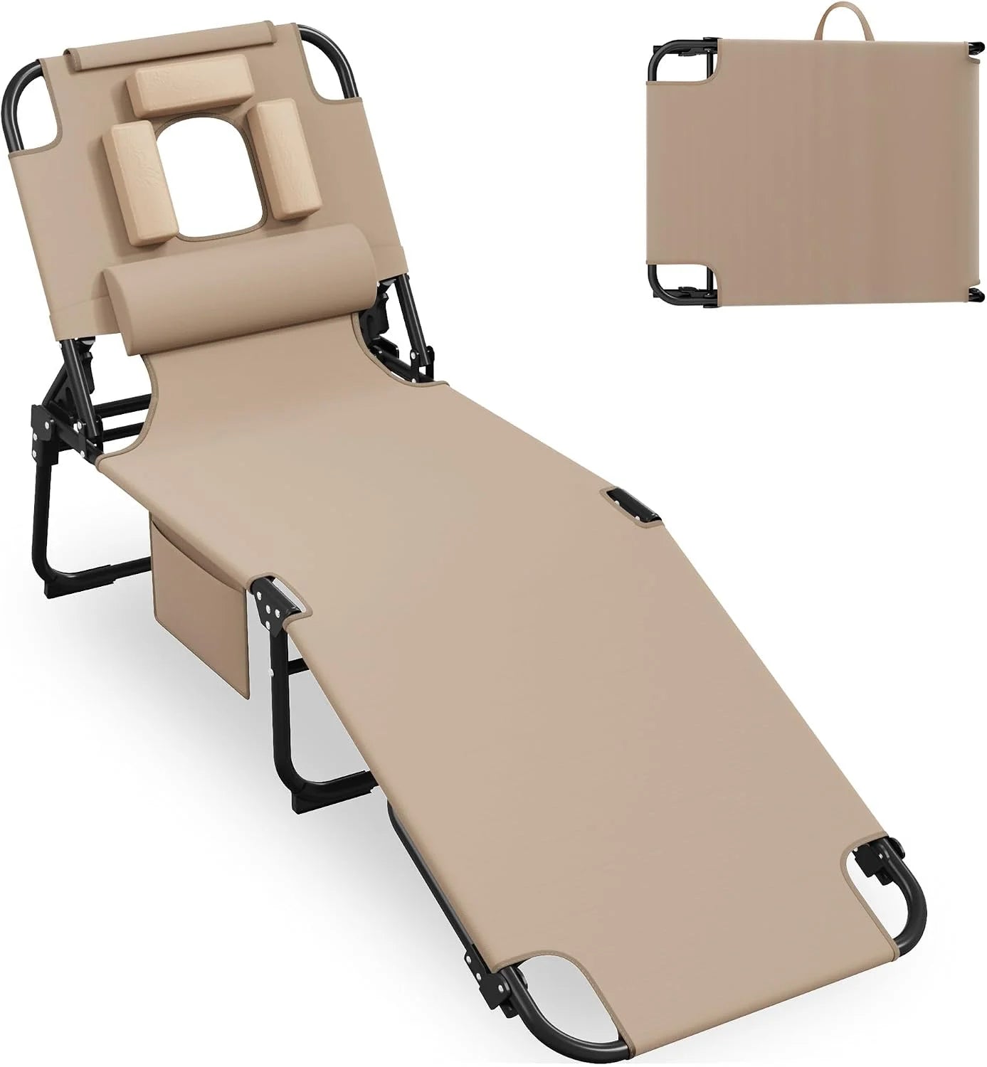 New Arrivals 400lbs Tanning Chair with Face Hole, 5-Position Folding Chaise Lounge Chair with Side Pockets - Image 2