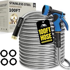 New Arrivals 150ft Stainless Steel Garden Hose, No-Kink Leak-Proof Crush Resistant, 10-Function Nozzle for Lawn Care