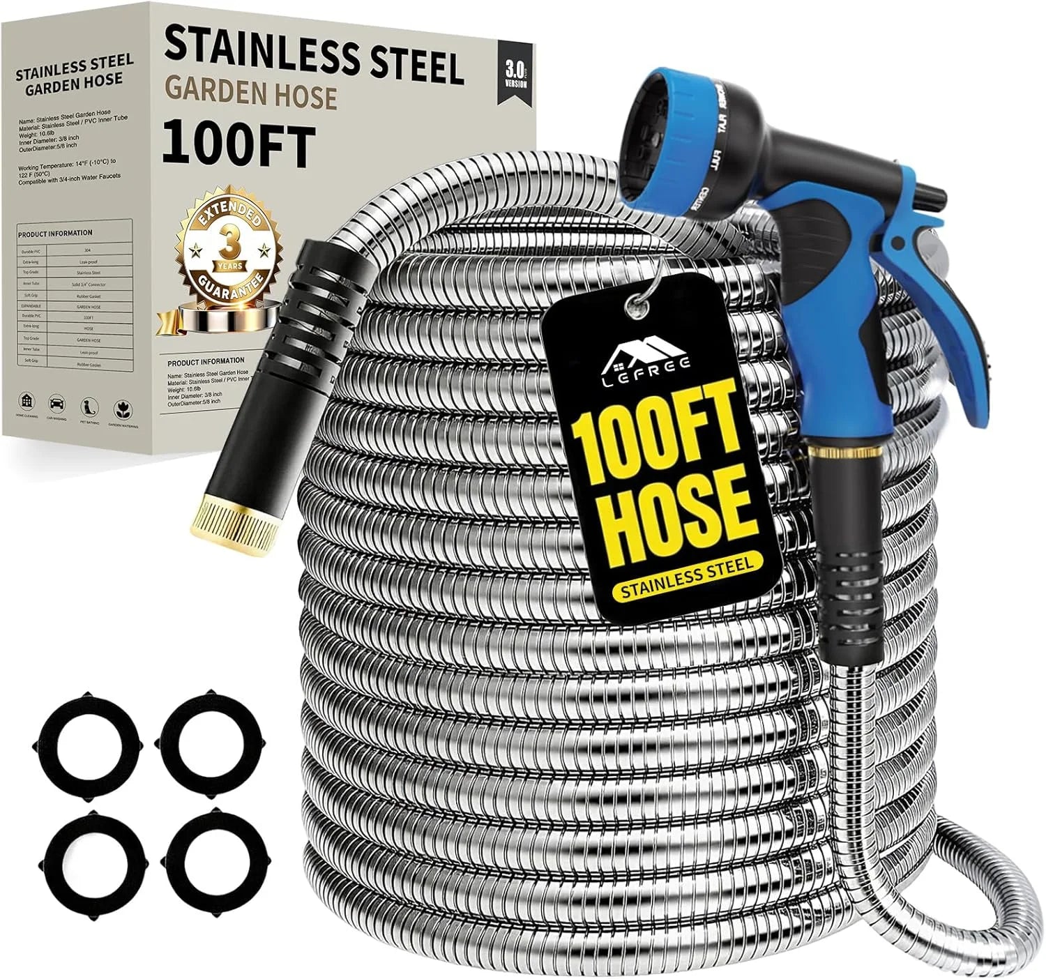 New Arrivals 150ft Stainless Steel Garden Hose, No-Kink Leak-Proof Crush Resistant, 10-Function Nozzle for Lawn Care