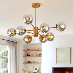 New Arrivals 6-Light Glass Globe Sputnik Chandelier Modern Matte Black and Gold Ceiling Light Fixture Vintage Hanging