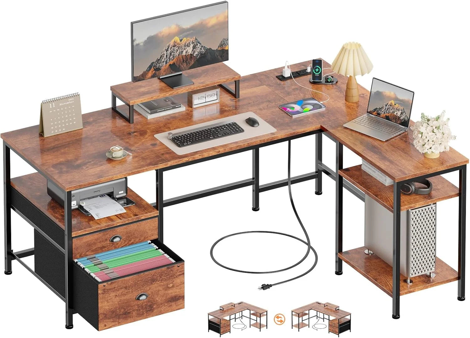 Furologee 66" L Shaped Desk with Power Outlet, Reversible Home Office Desk with File Drawer, 2 Monitor Stands bifanuoyard